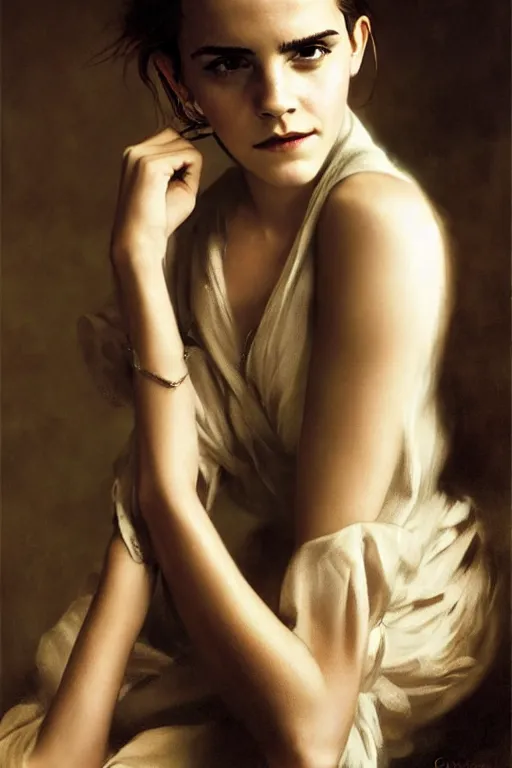 Prompt: emma watson gathered faille v - neck detailed portrait painting by gaston bussiere craig mullins j. c. leyendecker award winning photograph photorealsitic octane render photograph by richard avedon peter lindbergh