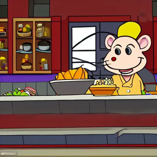 Image similar to A rat working as a chef in a run down New York City diner, High Definition Animated Still