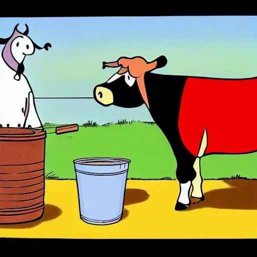 Image similar to a cow points at a bucket, illustrated by gary larson