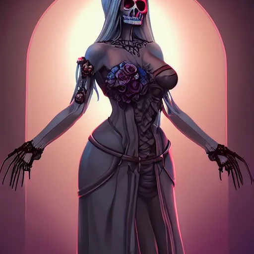 Image similar to a beautiful feminine necromancer raising the dead, illustration, skeleton, character design by nixeu, artstation, 2 d cg