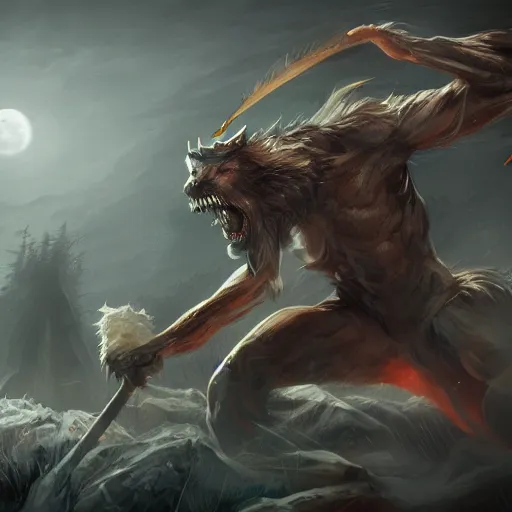 Prompt: a battle between the vampire and the werewolves, action pose, digital painting, WLOP, trending on artstation, 8k, epic composition, highly detailed, sharp focus