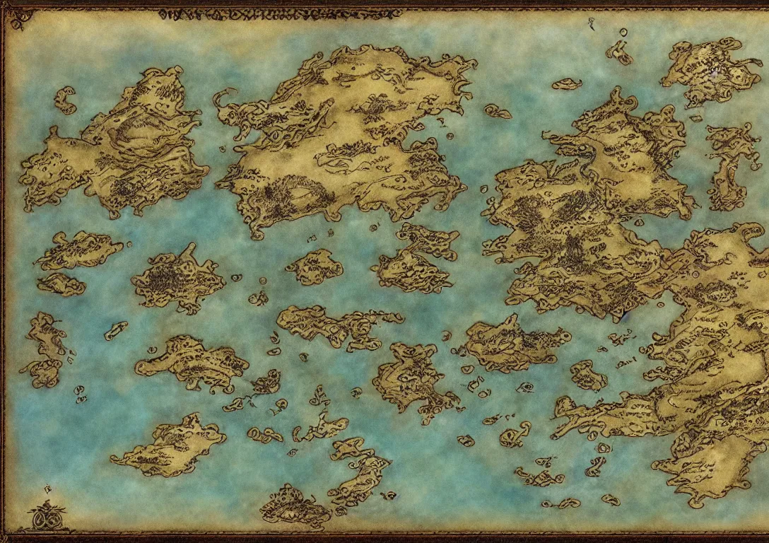 Prompt: simple fantasy map, island empire, by JRR Tolkien and Brian Froud, Vatican Map Room, fantasy concept painting, Magic The Gathering Art, trending on art station, showing kingdoms, oceans, continents, vast seas, open plains, swamps frame border