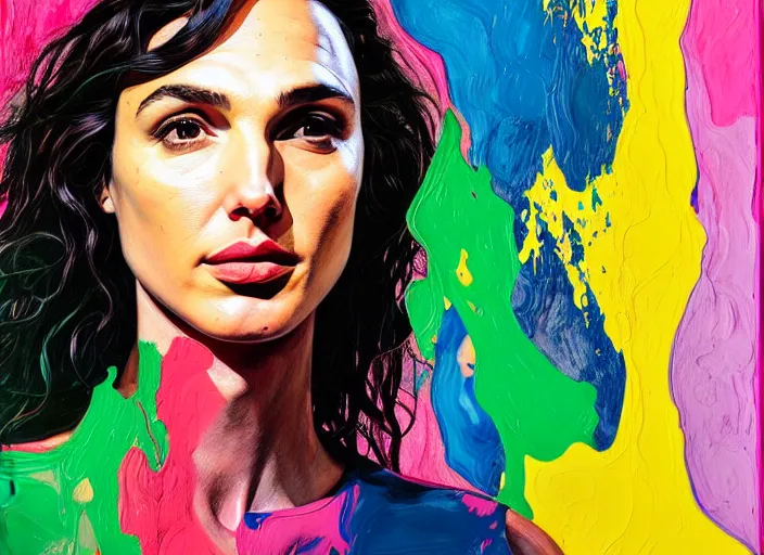 Image similar to portrait of gal gadot, by vincent lefevre and hernan bas and pat steir and hilma af klint, psychological, photorealistic, dripping paint, washy brush, rendered in octane, altermodern, masterpiece