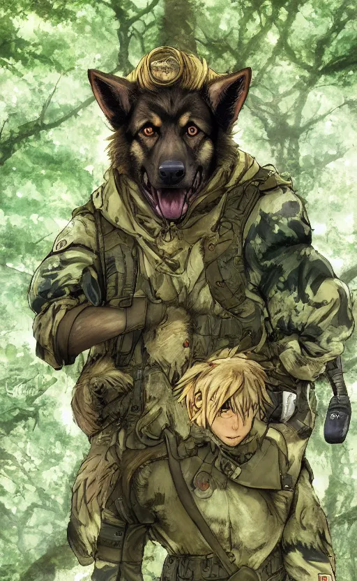 Image similar to close up character portrait icon of the german shepard beast - man military uniform head animal person wearing clothes standing in the bright forest, hidari, color page, tankoban, 4 k, tone mapping, akihiko yoshida