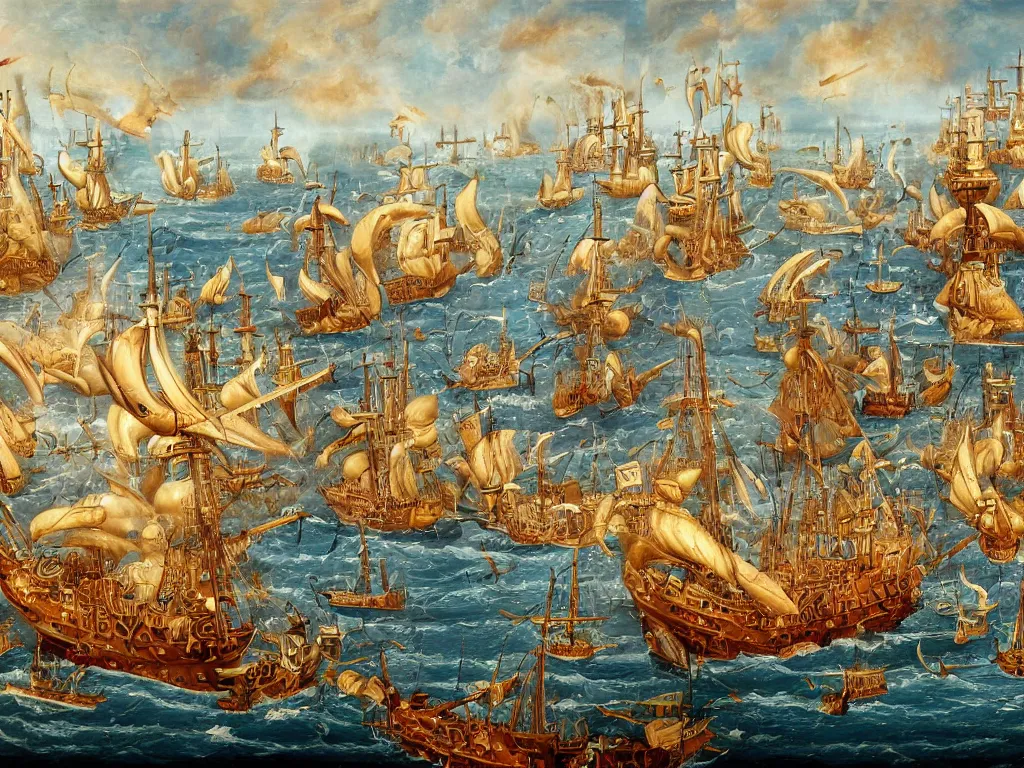 Prompt: An oil painting of a medieval naval battle, highly detailed, intricate, 4k, masterpiece