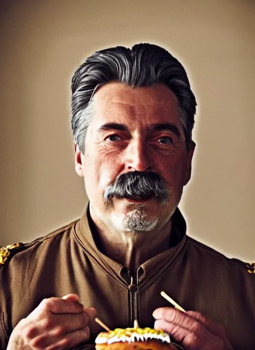 Image similar to closeup portrait of a medieval stalin eating cakes in the cloisters, depth of field, zeiss lens, detailed, symmetrical, centered, fashion photoshoot, by Annie Leibovitz and Steve McCurry, David Lazar, Jimmy Nelsson, Breathtaking, 8k resolution, extremely detailed, beautiful, establishing shot, artistic, hyperrealistic, beautiful face, octane render