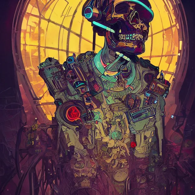 Image similar to a beautiful painting of a ( ( cyberpunk ) ) skull by simon stalenhag and pascal blanche and alphonse mucha! and nekro!. in style of digital art. colorful comic, film noir, symmetry, hyper detailed. octane render. trending on artstation