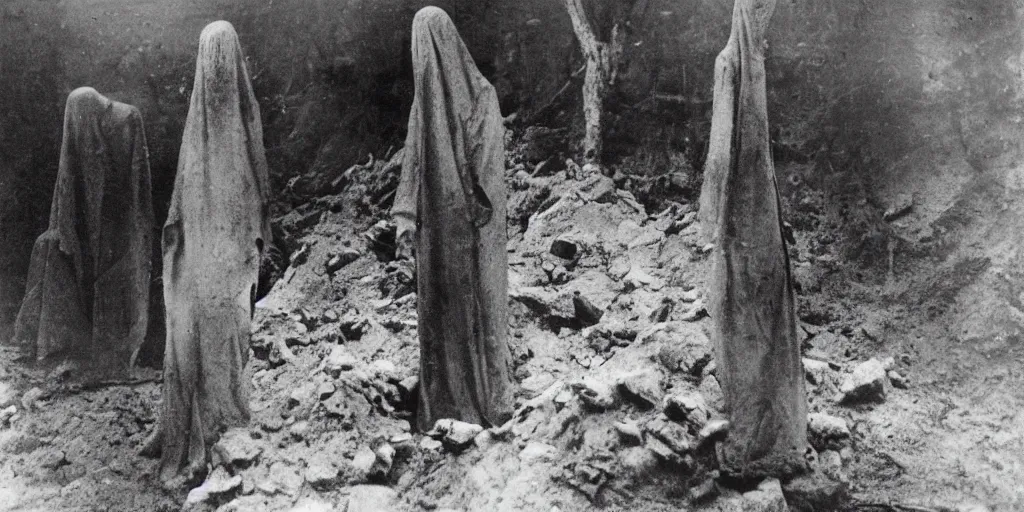 Image similar to scary unproportionable tall ghost creature in the middle of a trench, ghost, 1900s picture