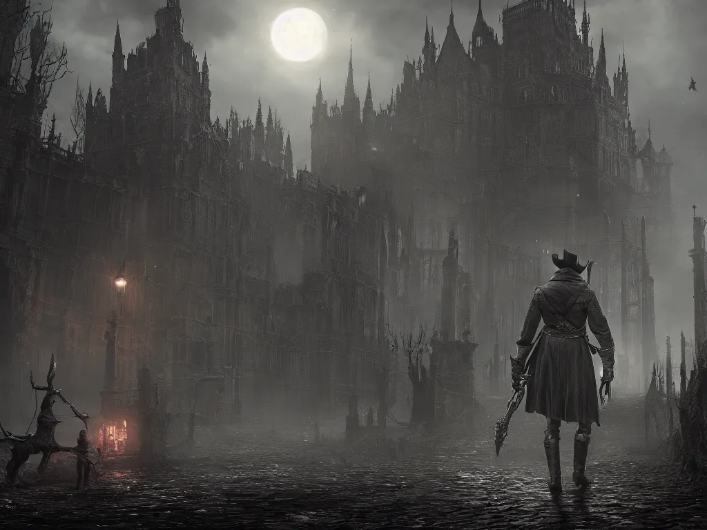 Image similar to bloodborne 2, dark, nighttime, victorian england style, horror, grotesque, serene, haunting, heavy atmosphere, claustrophobic, insanity, High Definition detail, 8K