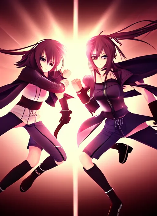 Image similar to two beautiful identical female fighters facing each other, dim lighting, gorgeous features, high resolution, detailed digital anime art