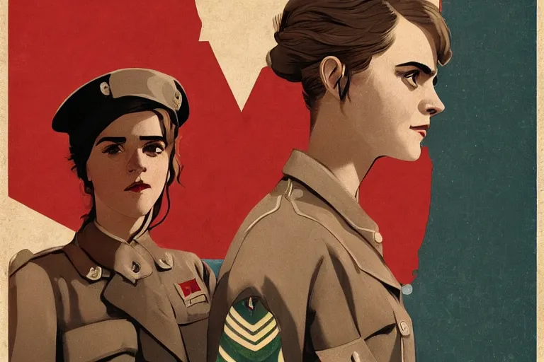 Image similar to communist Propaganda poster Emma Watson in WW2 uniform in the style of disco elysium by moebius and atey ghailan by james gurney by vermeer by George Stubbs full body trending on artstation vector art bright