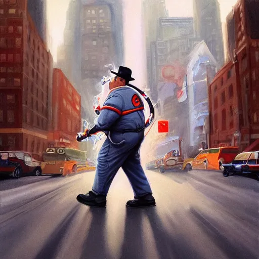 Image similar to the ghostbusters stay puff marshmallow man wearing timberland shoes and hat while smoking a joint and walking in new york city, highly detailed portrait, digital painting, artstation, artstation hq