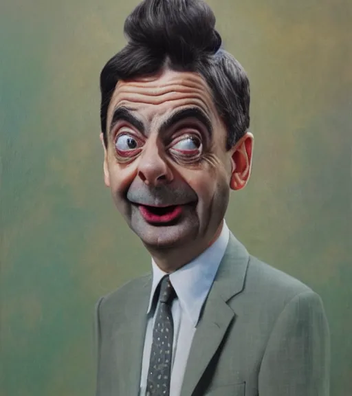 Prompt: mr bean covered in baked beans, surrealist oil painting, highly detailed