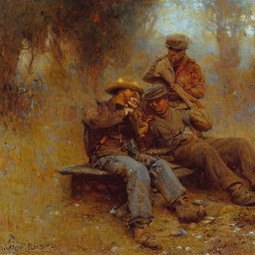 Prompt: Gaston Bussiere painting of tired and battered soldiers after a night of fighting looking up and observing the first rays of sunlight during dawnbreak, dramatic painting, dark, scary, hopeful