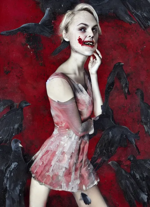 Image similar to portrait of annasophia robb standing on her knees, frozen cold stare, mouth open in shock and bliss, blood red background, transparent gray skirts, stockings, crows swarming trapped in the void as a symbol of death, in style of surrealism of Francis Bacon painting, Ilya Kuvshinov, John Singer Sargant, impasto textures of Chaim Soutine and Frank Auerbach, American Gothic, Japanese Gothic,