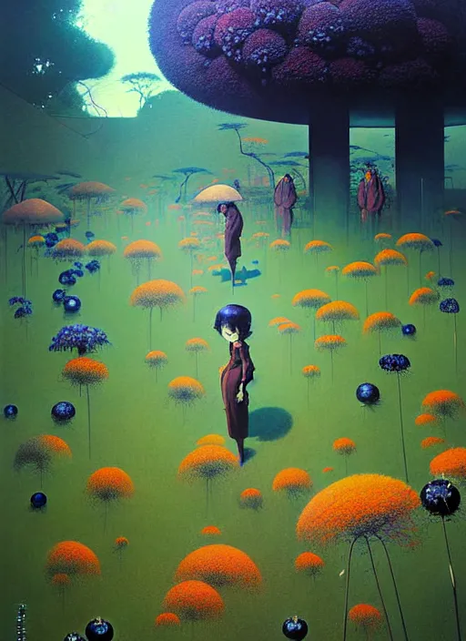 Prompt: surreal painting by satoshi kon and greg rutkowski, garden flowers + blueberries + long grass + garden dwarfs!!!, 7 0's vintage sci - fi flat design, cinematic