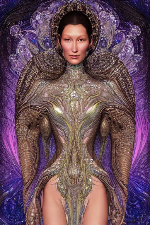 Prompt: a highly detailed portrait of a beautiful alien woman goddess bella hadid in iris van herpen dress in diamonds and fractals in style of alphonse mucha art nuvo gustav klimt dmt trending on artstation made in unreal engine 4