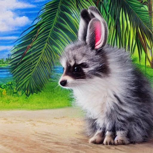 Prompt: cute fluffy hybrid animal cross between kitten, raccoon, and lop eared bunny rabbit sitting on a tropical beach landscape detailed painting 4 k