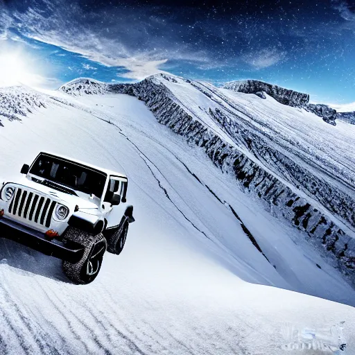 Image similar to white jeep wrangler driving up a steep snowy mountain cornice, high quality digital art, dramatic lighting, cinematic, photo realism
