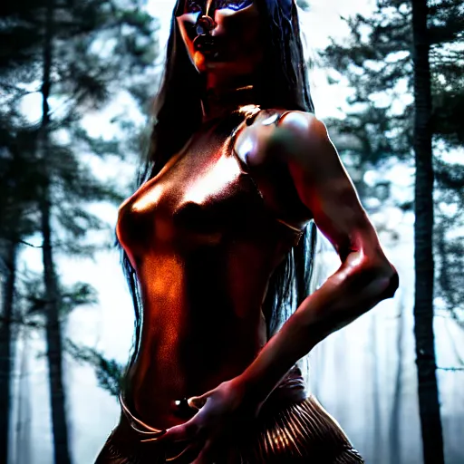 Image similar to highly detailed, ultra realistic, cinematic, woman full body with a copper nose and copper claws, high detail, 8 k, sharp focus, movie still, dramatic lighting, ray tracing, smooth, a female evil demonic character of kazakh mythology, jeztyrnak, standing in the night forrest