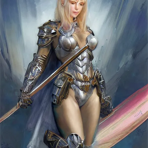 Prompt: bikini armor blonde female knight, elegant, vibrant, fantasy, intricate, smooth, painted by edgar maxence, greg rutowski, ross tran, artgerm