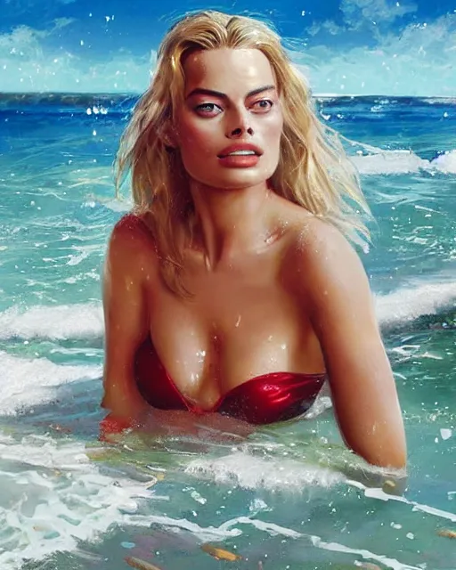 Image similar to margot robbie wearing a christmas bikini on the beach, realistic face, beautiful eyes, digital painting, highly detailed, intricate, in the style of greg rutkowski