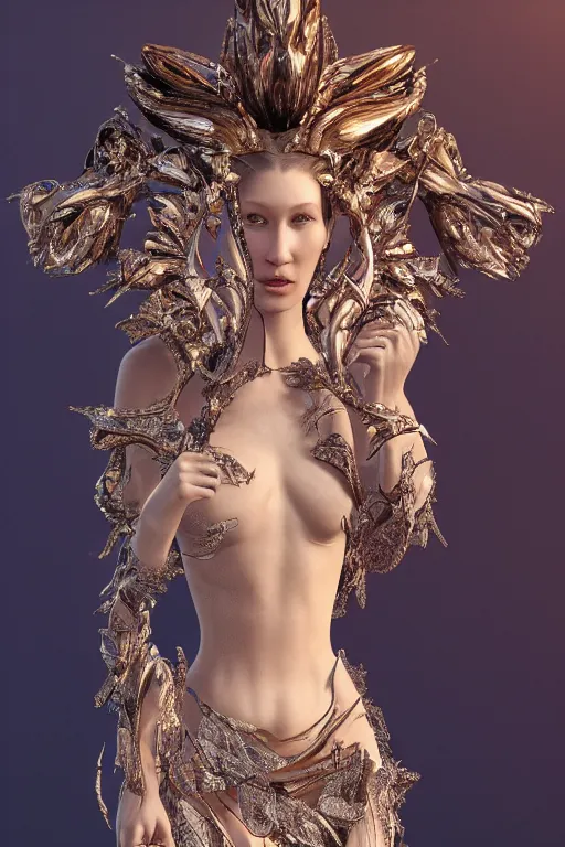 Image similar to a highly detailed 4 k render portrait of a beautiful alien goddess bella hadid in iris van herpen dress schiaparelli in diamonds in style of alphonse mucha trending on artstation made in unreal engine 4