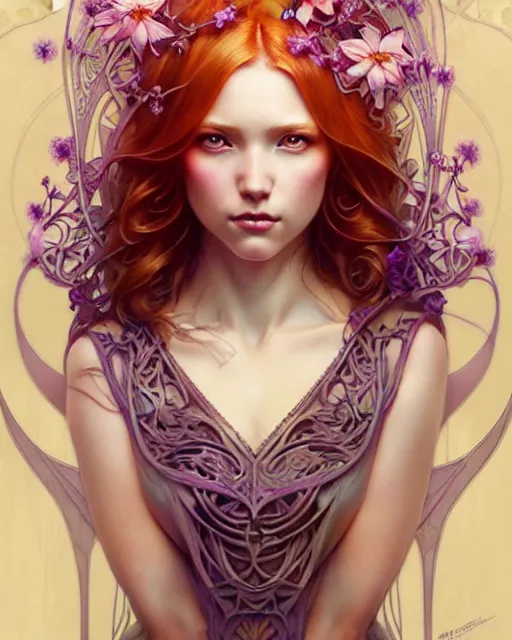 Image similar to Beautiful, naughty and playful ethereal ginger portrait, art nouveau, fantasy, intricate flower designs, elegant, highly detailed, sharp focus, art by Artgerm and Greg Rutkowski and WLOP