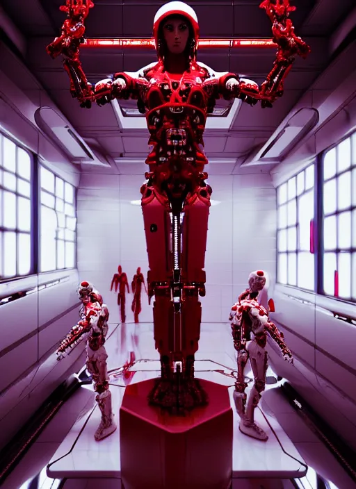 Image similar to , high detailed space station interior, a statue jesus on cross made of red marble, perfect symmetrical body, full body shot, white biomechanical, wearing epic bionic cyborg implants, masterpiece, intricate, biopunk, vogue, highly detailed, artstation, concept art, background galaxy, cyberpunk, octane render