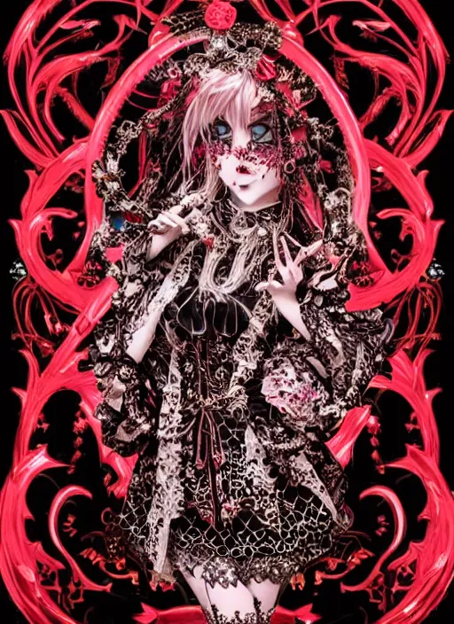 Image similar to baroque bedazzled gothic royalty frames surrounding a pixelsort emo demonic horrorcore japanese yokai doll, low quality sharpened graphics, remastered chromatic aberration spiked korean bloodmoon sigil stars draincore, gothic demon hellfire hexed witchcore aesthetic, dark vhs gothic hearts, neon glyphs spiked with red maroon glitter breakcore art by guro manga artist Shintaro Kago