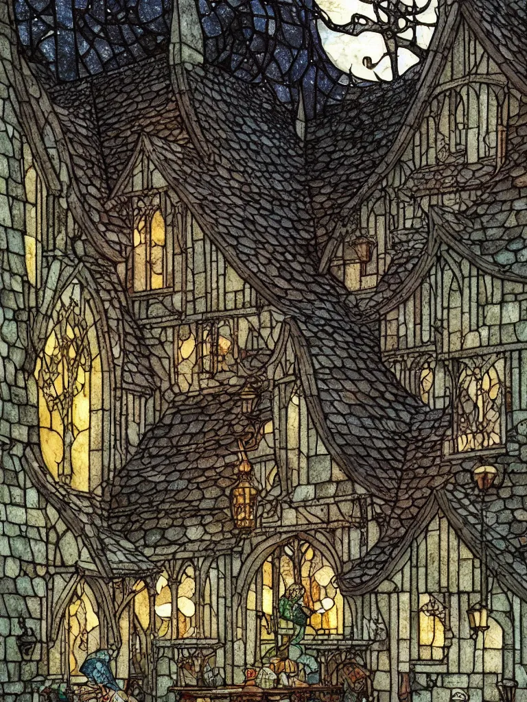 Prompt: arched medieval tavern stained glass window exterior, shingled roof, dark alleyway, fantasy, intricate, elegant, highly detailed, digital painting, artstation, concept art, matte, sharp focus, illustration, art by kay nielsen and walter crane, illustration style, watercolor