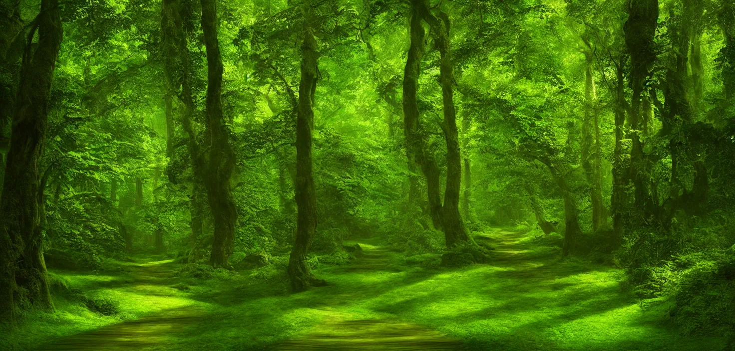 Image similar to a wooden path in the middle of a lush green forest, a detailed matte painting by john eyre, shutterstock contest winner, magical realism, enchanting, matte painting, mystical