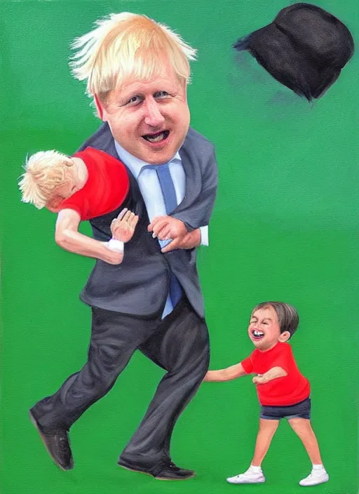 Prompt: Photorealistic painting of Boris Johnson kicking a child version of rishi sunak