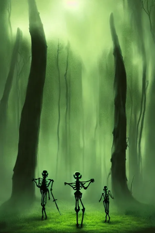 Prompt: four skeletons made of green magic luminous smoke are playing musical instruments. the background is misty forest, full of green swirling smoke, harry potter, death eaters, dementors, craig mullins, albert bierstadt, greg rutkowski, tarkovski, realistic, highly detailed, artstation, early morning, atmospheric, aestetic, moody