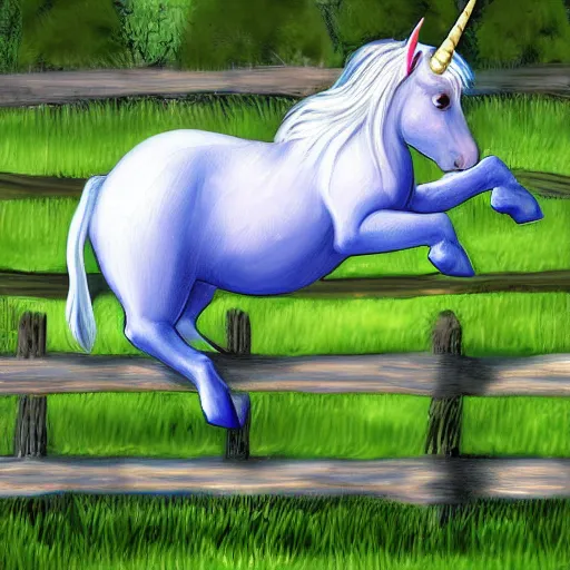 Prompt: an overweight unicorn hopping over a fence, digital painting