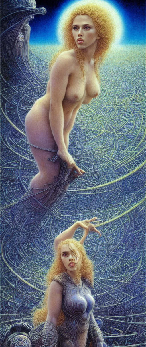 Prompt: cute scarlett johansson on gigeresque planet by jean delville by luis royo and wayne barlowe, beksinski