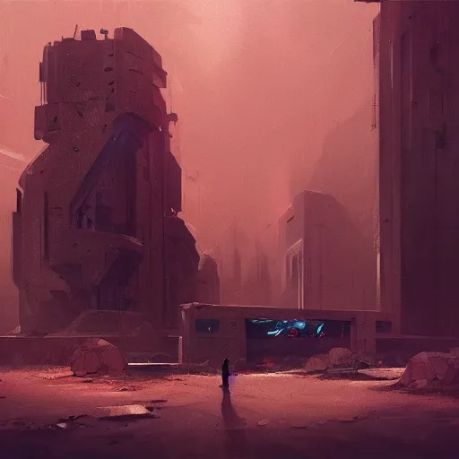 Image similar to concept art by greg rutkowski, desolate space colony exterior, megalithic brutalist buildings, harsh environment, reddish lighting, depressing atmosphere, scifi, highly detailed portrait, digital painting, artstation, concept art, smooth, sharp foccus ilustration, artstation hq