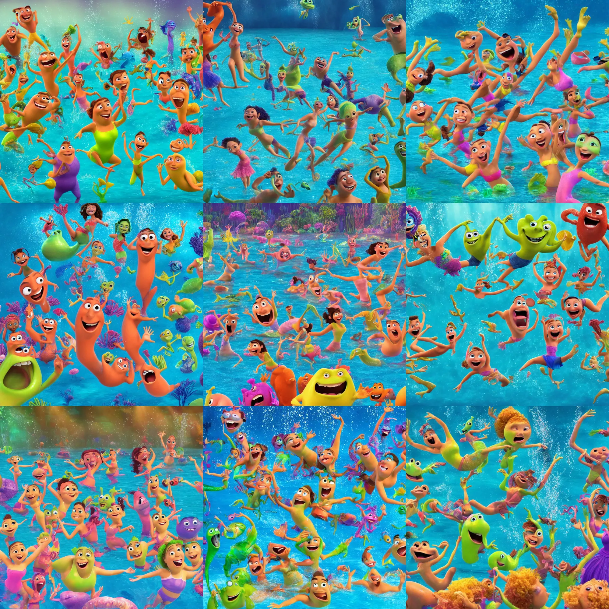 Prompt: full body shot of dancers dancing underwater at a waterpark, 3 d animated pixar illumination studios animated movie by pete docter, extremely joyful and eerie smiles, slimy fluid liquid