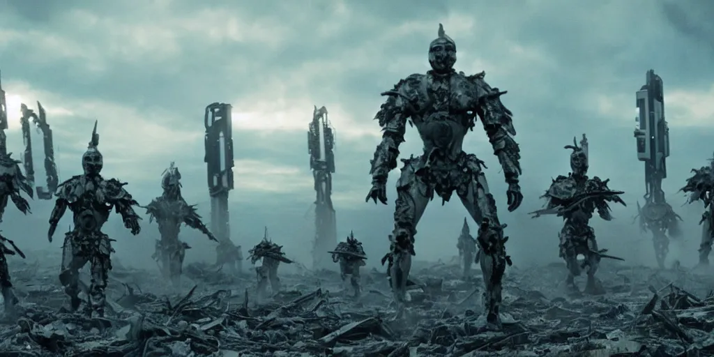 Prompt: film still of closeup futuristic god soldiers fighting in epic war, decimation, dilapidated city by emmanuel lubezki