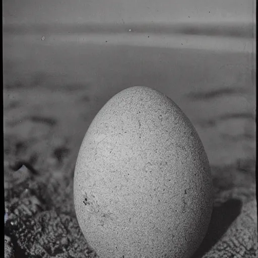 Image similar to an early 1 9 0 0 s photograph of a cracked luminescent alien egg on the beach, moonlight, at nighttime,