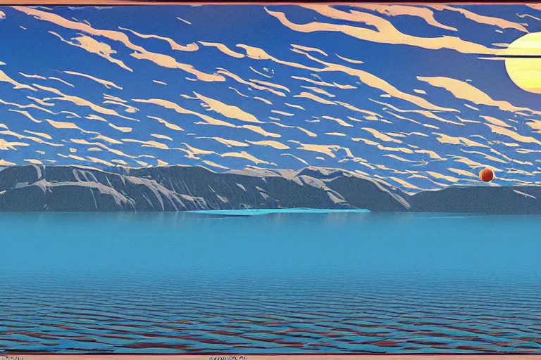 Prompt: a giant ((((metallic)))) floating sphere covered in canadian colorful aboriginal patterns!! hovering above a Yukon lake, (painted by Ralph McQuarrie), matte painting, very detailed, concept art