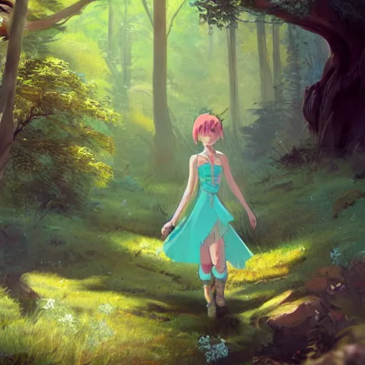 Image similar to concept art painting of a white rabbit wearing a turquoise dress, in the deep forest, realistic, detailed, cel shaded, in the style of makoto shinkai and greg rutkowski and james gurney