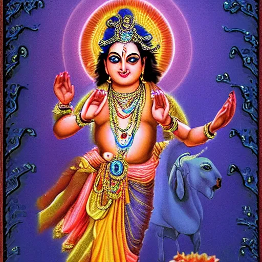 Image similar to Krishna’s transcendental form has a reddish luster in seven places — His eyes, His palms, the soles of His lotus feet, His palate, His lips, His tongue and His nails. A reddish luster in these seven places is considered to be auspicious. Three parts of His body are broad: His forehead, chest and waist. Three parts of His body are very deep: His voice, intelligence and navel. There is highness in five parts of His body: His nose, arms, ears, forehead and thighs. In five parts of His body there is fineness: His skin, the hair on His head and the other parts of His body, His teeth and His fingertips. The aggregate of all these bodily features is manifest only in the bodies of great personalities