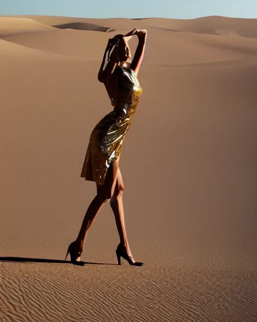 Image similar to standing in an abstract desert dunes criss-crossed with razor-thin lasers and threads, a young beautiful elegant blindfolded fashion model woman wearing posing in a splendid shiny metallic party dress, face and eyes obscured by a floating mid-air laserbeams and geometry