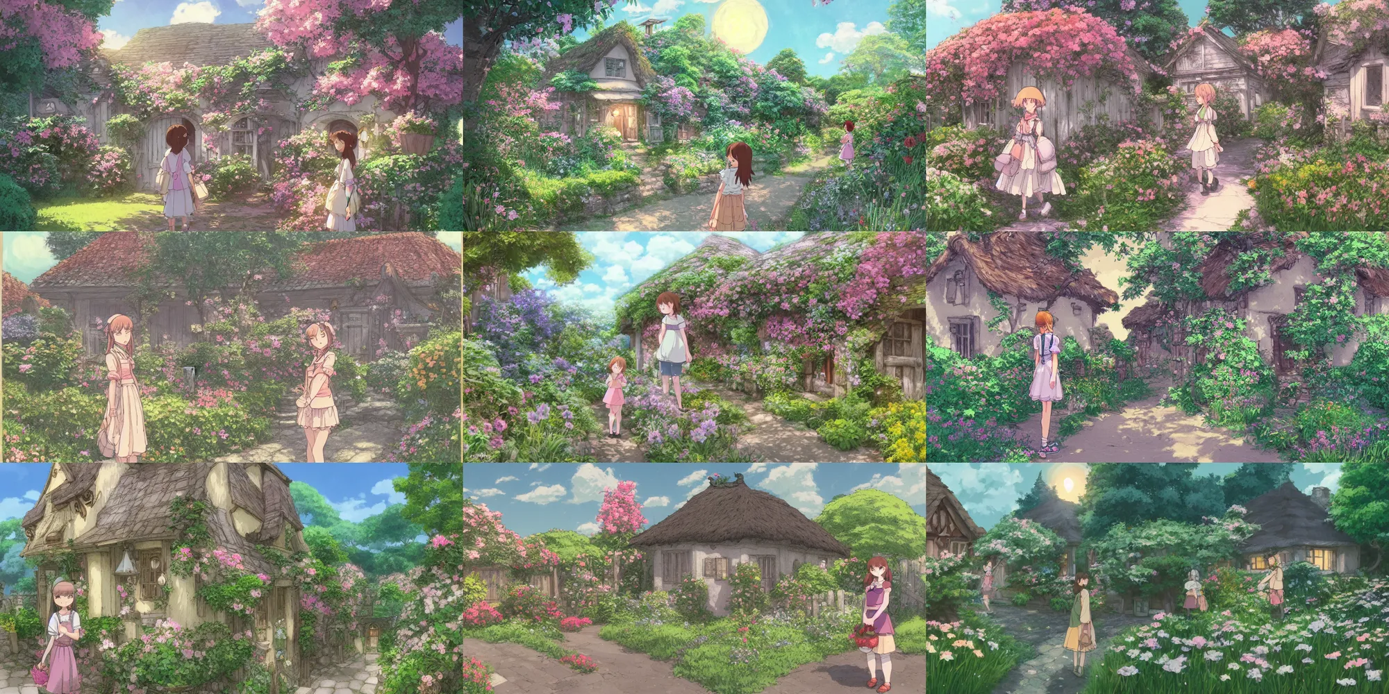 Prompt: a girl standing at a flowery cottage, evening, highly detailed, studio ghibli, artstation