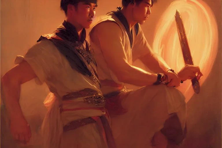 Image similar to wuxia, summer, attractive male, neon light, painting by gaston bussiere, craig mullins, j. c. leyendecker