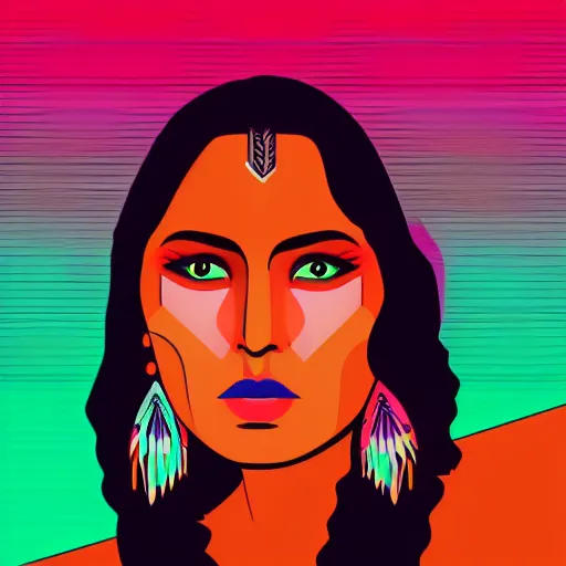 Image similar to a portrait of a beautiful native american woman, in retro colors, synthwave style, 2 d digital vector art