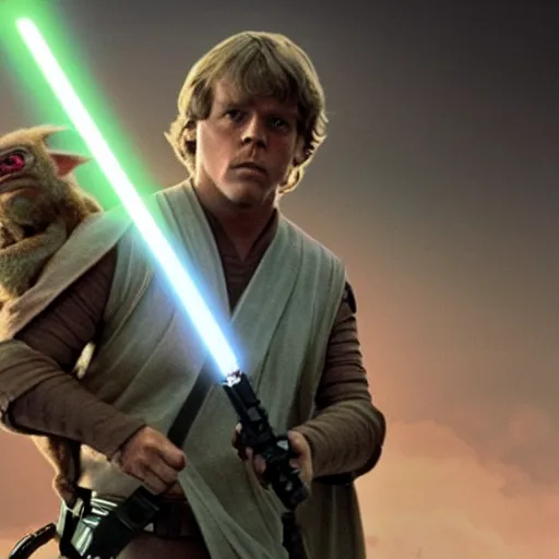 Prompt: Luke skywalker carrying a gremlin on his shoulders, from star wars movie, cinematic lighting, backlight