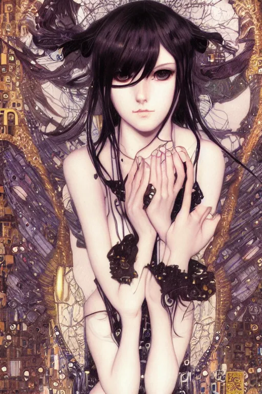 Prompt: portrait of beautiful young gothic maiden, cyberpunk, Warhammer, highly detailed, artstation, illustration, art by Gustav Klimt and Range Murata, cute anime face