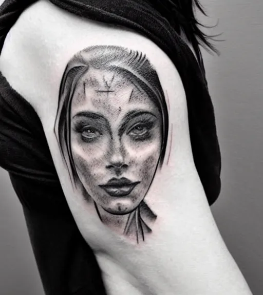 Prompt: tattoo design sketch of a beautiful woman face with a mountain scenery background on her side, hyper - realistic, double exposure, in the style of matteo pasqualin, amazing detail, black and white, faded